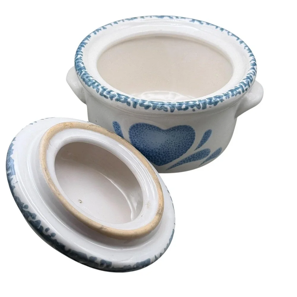 Vintage Country Blue Heart Stoneware Lidded Bean Pot Sugar Bowl Farmhouse Server